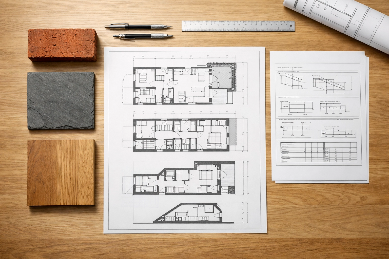 Architectural plans and material samples for a design and build East London home renovation project.