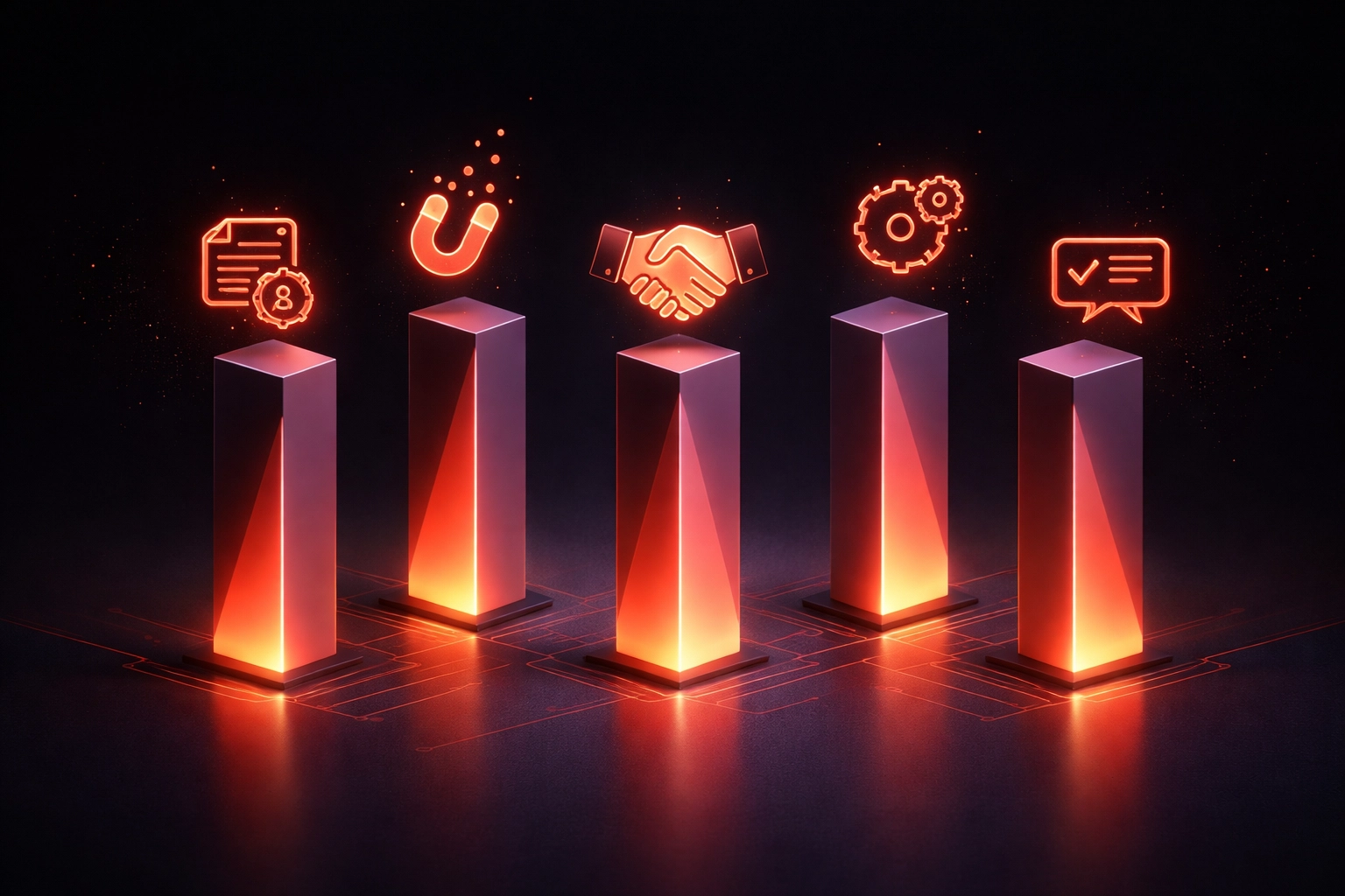 Five glowing pillars symbolize key business workflows that can be automated to boost operational efficiency