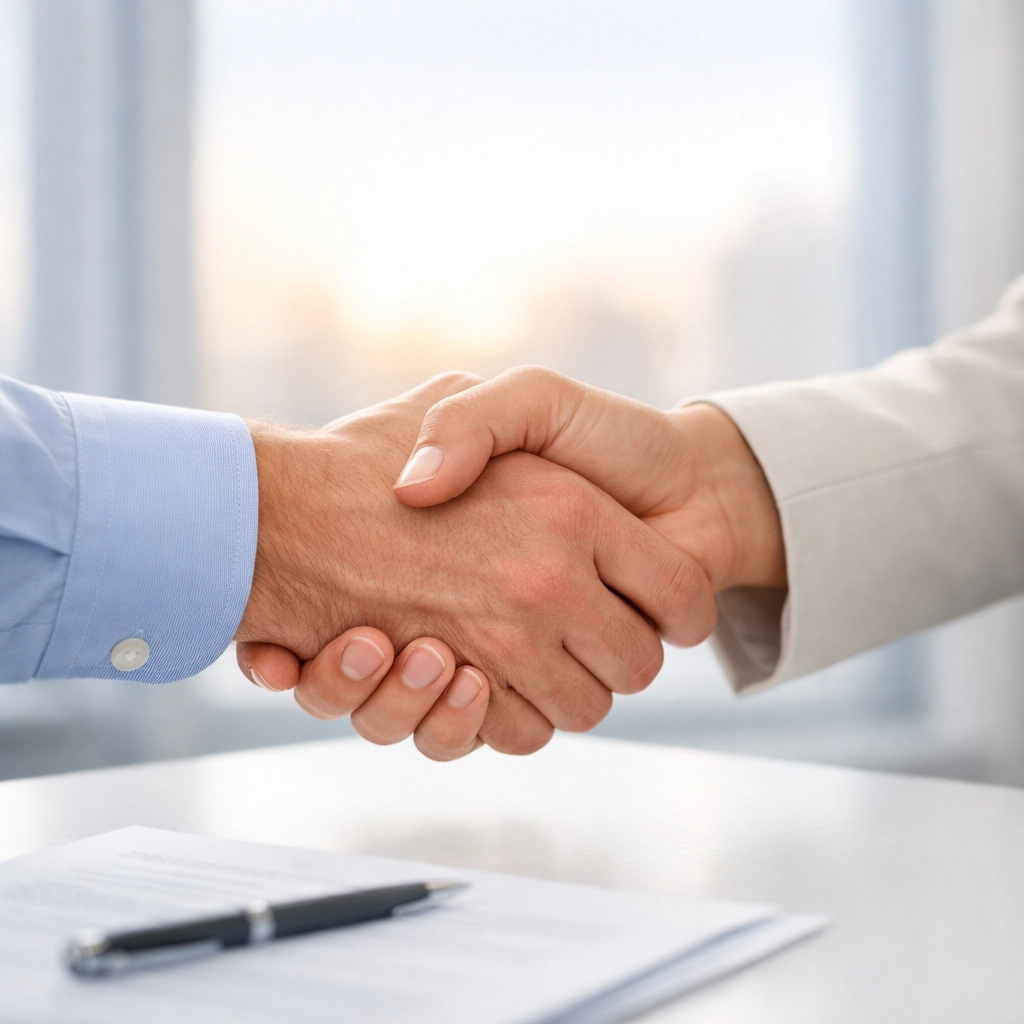 A professional handshake over a desk, representing a trustworthy partnership for car insurance quotes in Pennsylvania.