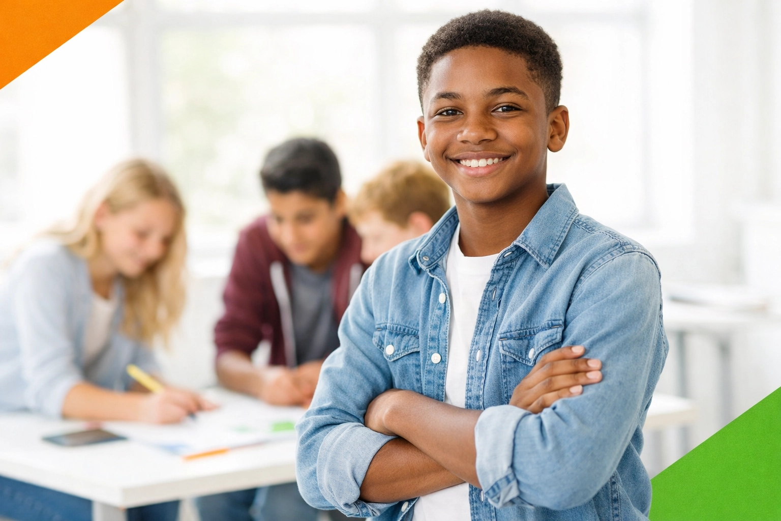 Confident teen boy demonstrating leadership skills with peers collaborating behind him