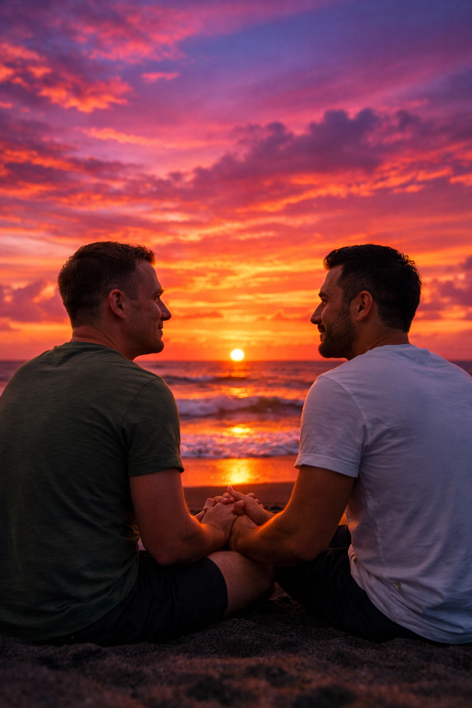 MM romance at Batu Belig Beach Bali sunset with two men holding hands on black sand