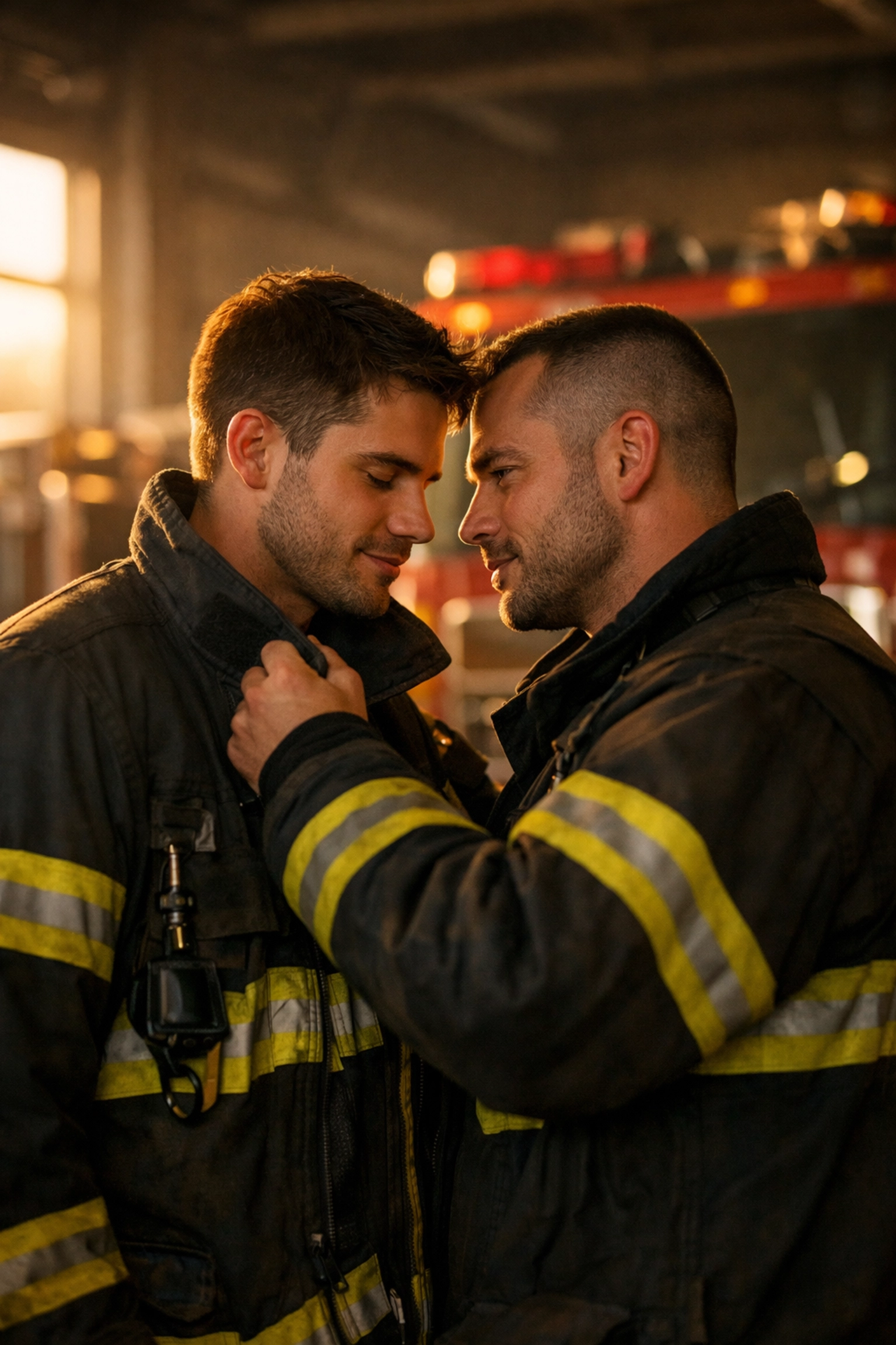 Two gay firefighters share an intimate moment at fire station - MM romance uniformed professionals