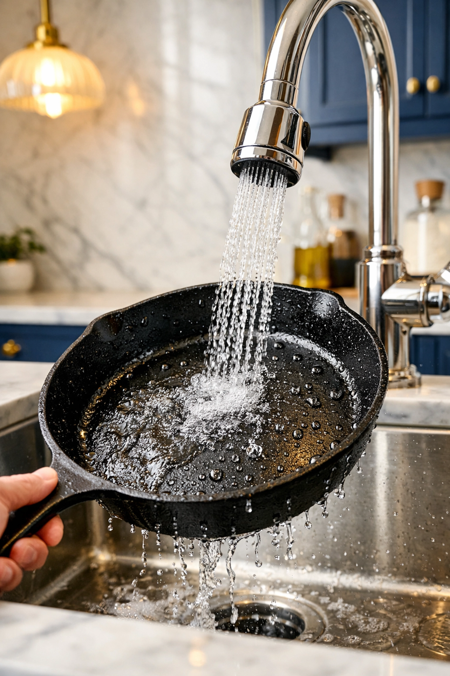 Rinsing a seasoned cast iron skillet with warm water in a luxury kitchen sink.