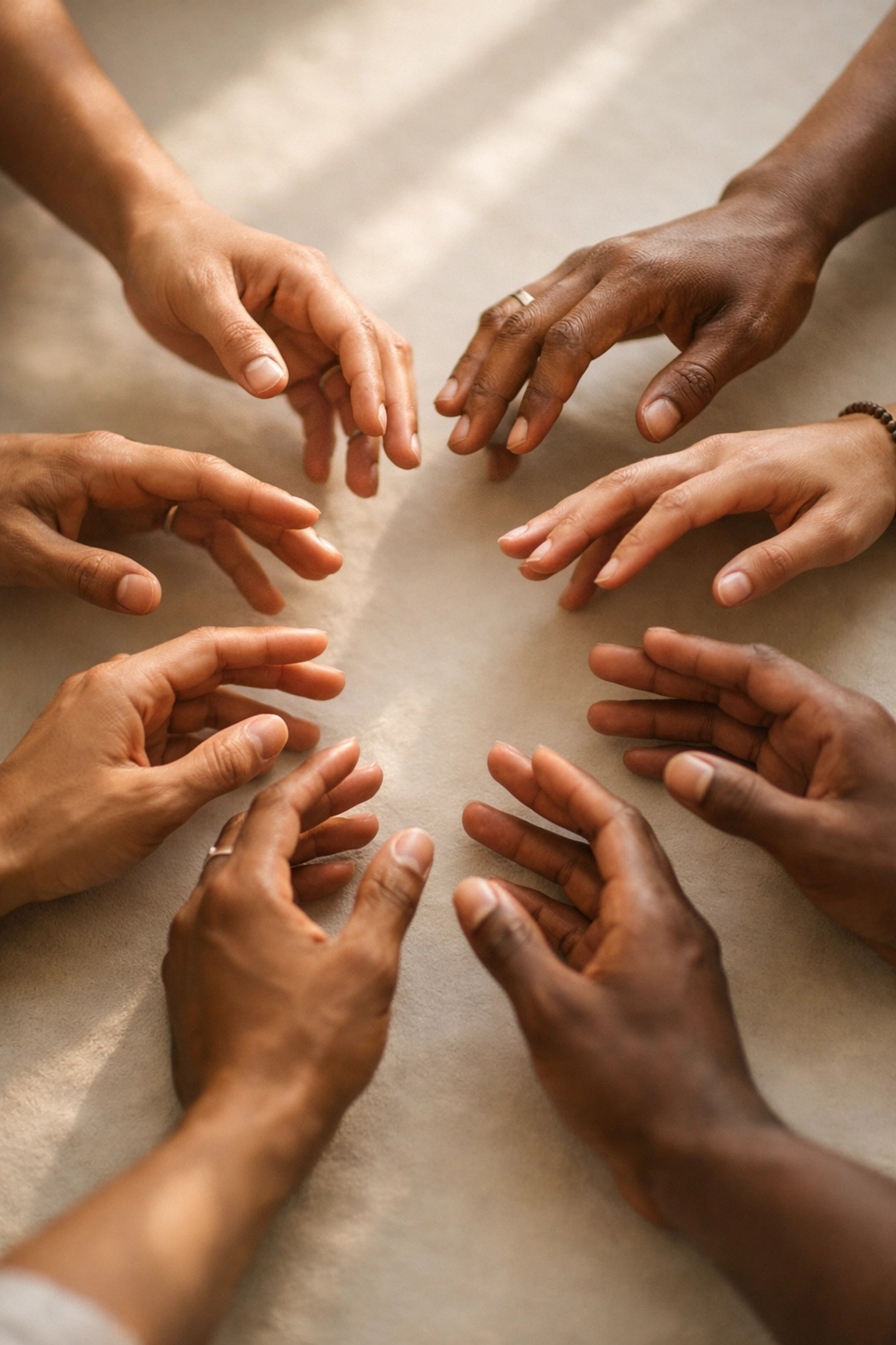 Diverse hands reaching together in circle representing church community and belonging
