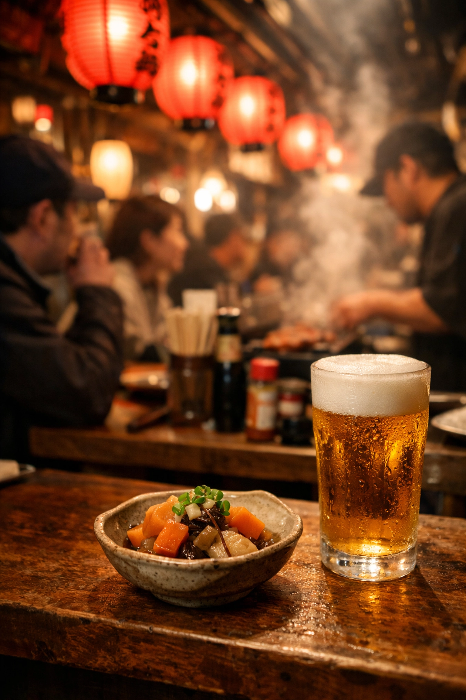 Atmospheric Shinjuku Izakaya with red lanterns and traditional Otoshi dishes on a Tokyo food tour.