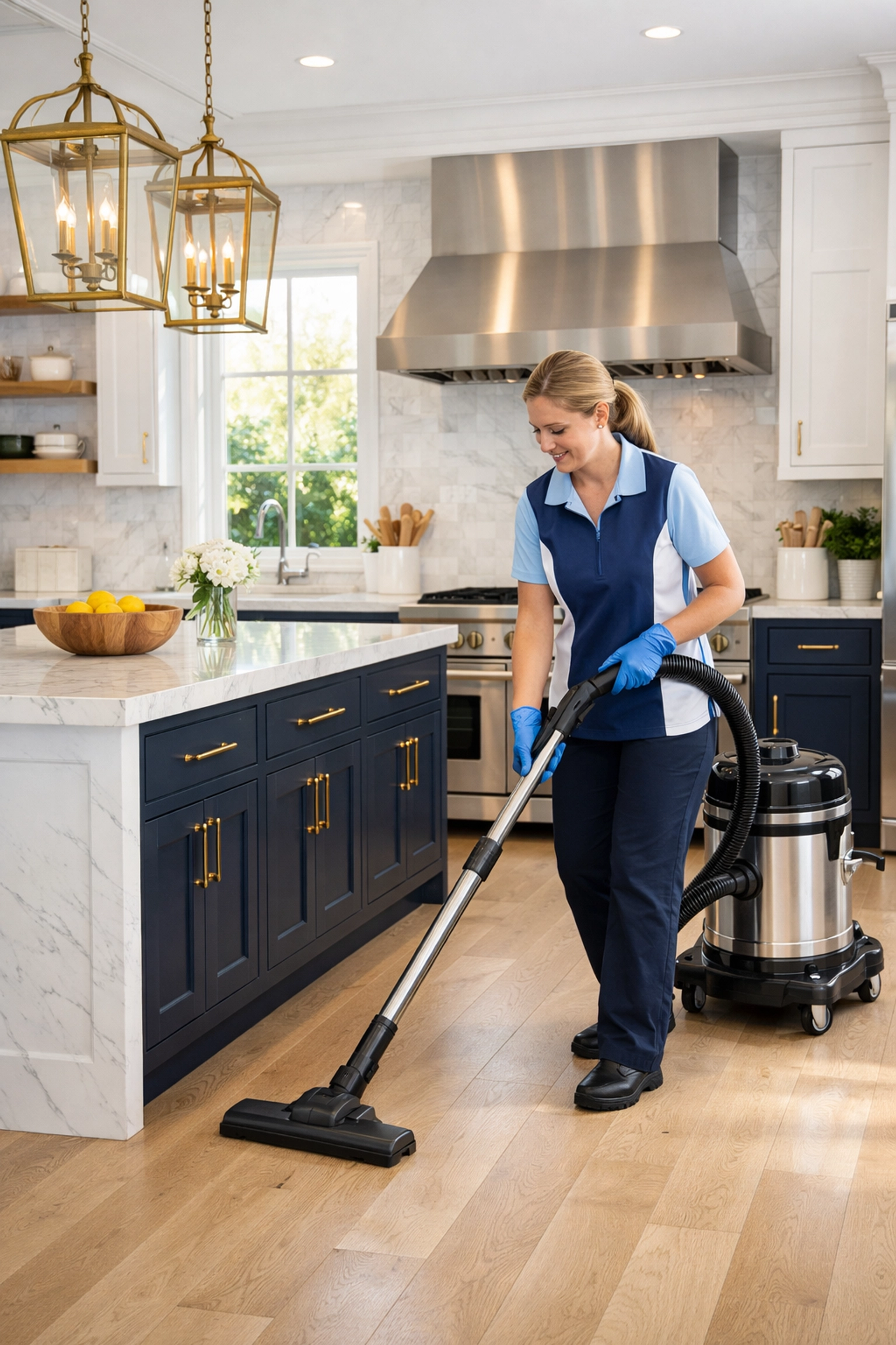 Professional post construction cleaning in Franklin removing fine dust from a modern kitchen with a HEPA vacuum.