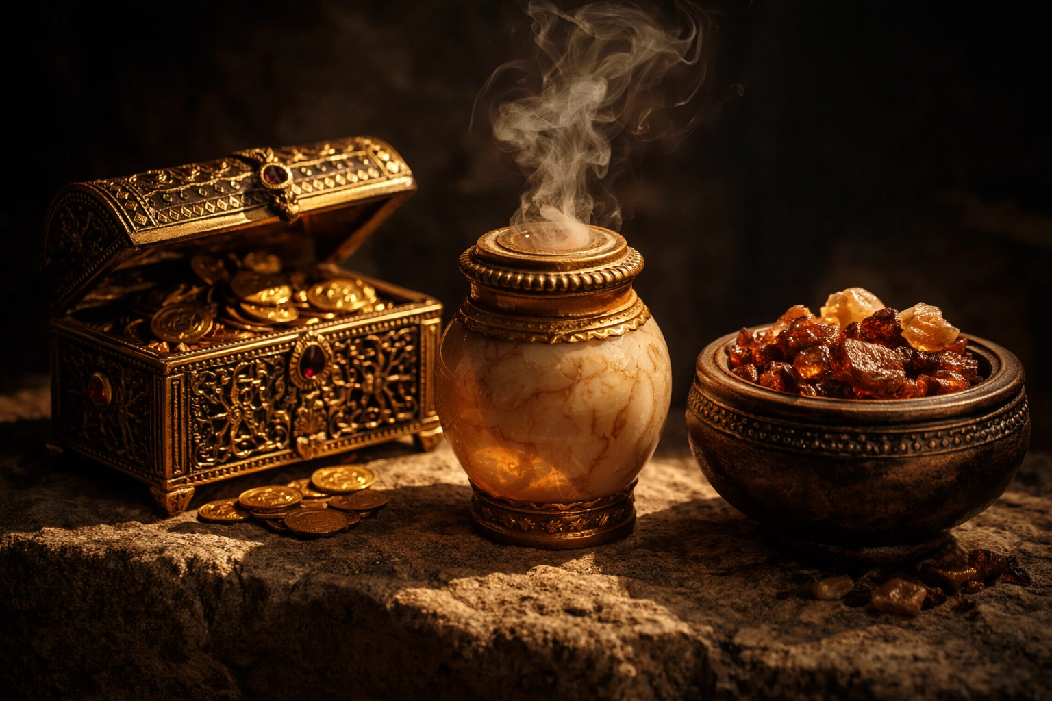 Close-up of gold, frankincense, and myrrh gifts, representing the Magi's offerings to baby Jesus in the Christmas story