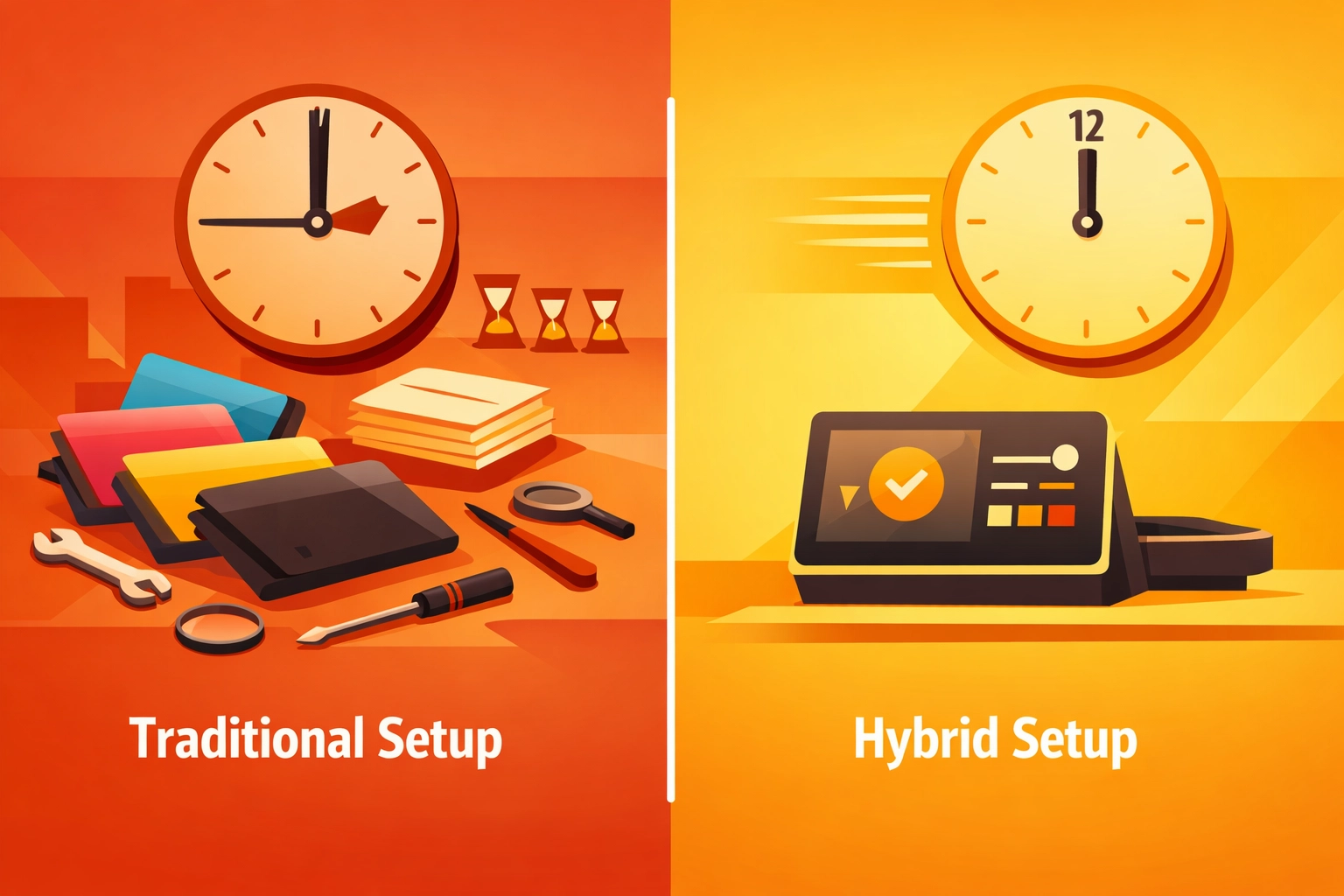 Comparison of traditional printing setup versus fast hybrid workflow setup times
