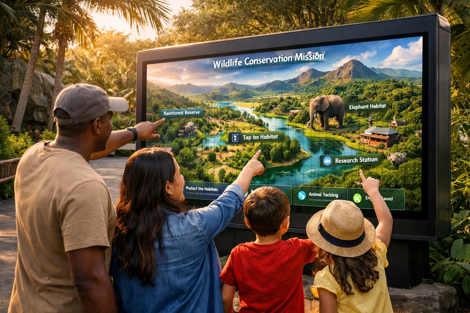 Family interacting with a digital kiosk at a zoo exhibit, demonstrating modern brand activation.