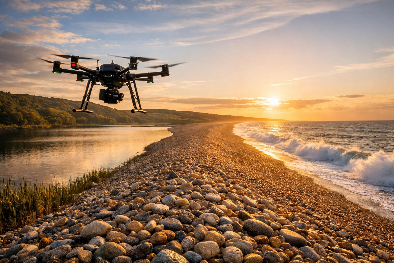 Professional drone for scattering ashes over the wild Loe Bar beach and Atlantic coast in Cornwall.