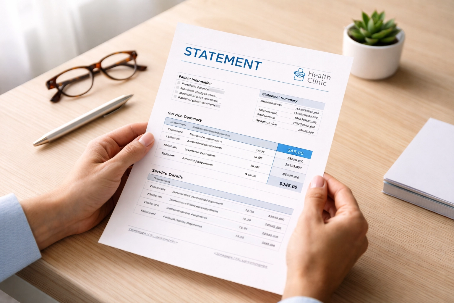 Healthcare administrator reviewing a clear, organized patient billing statement