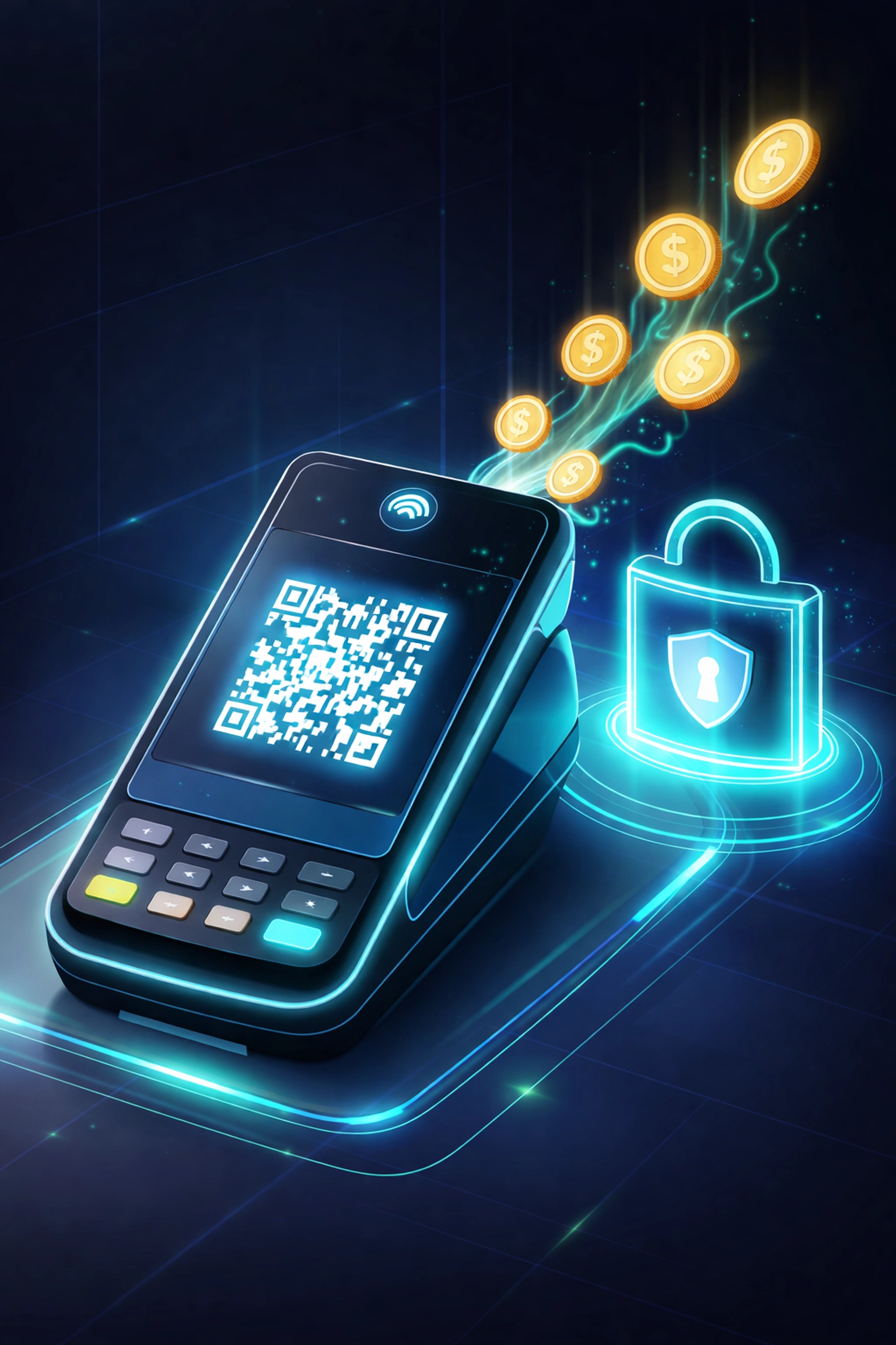 Futuristic crypto POS terminal displaying QR code and digital coins for self-custody payments and LUSD stablecoin transfers.