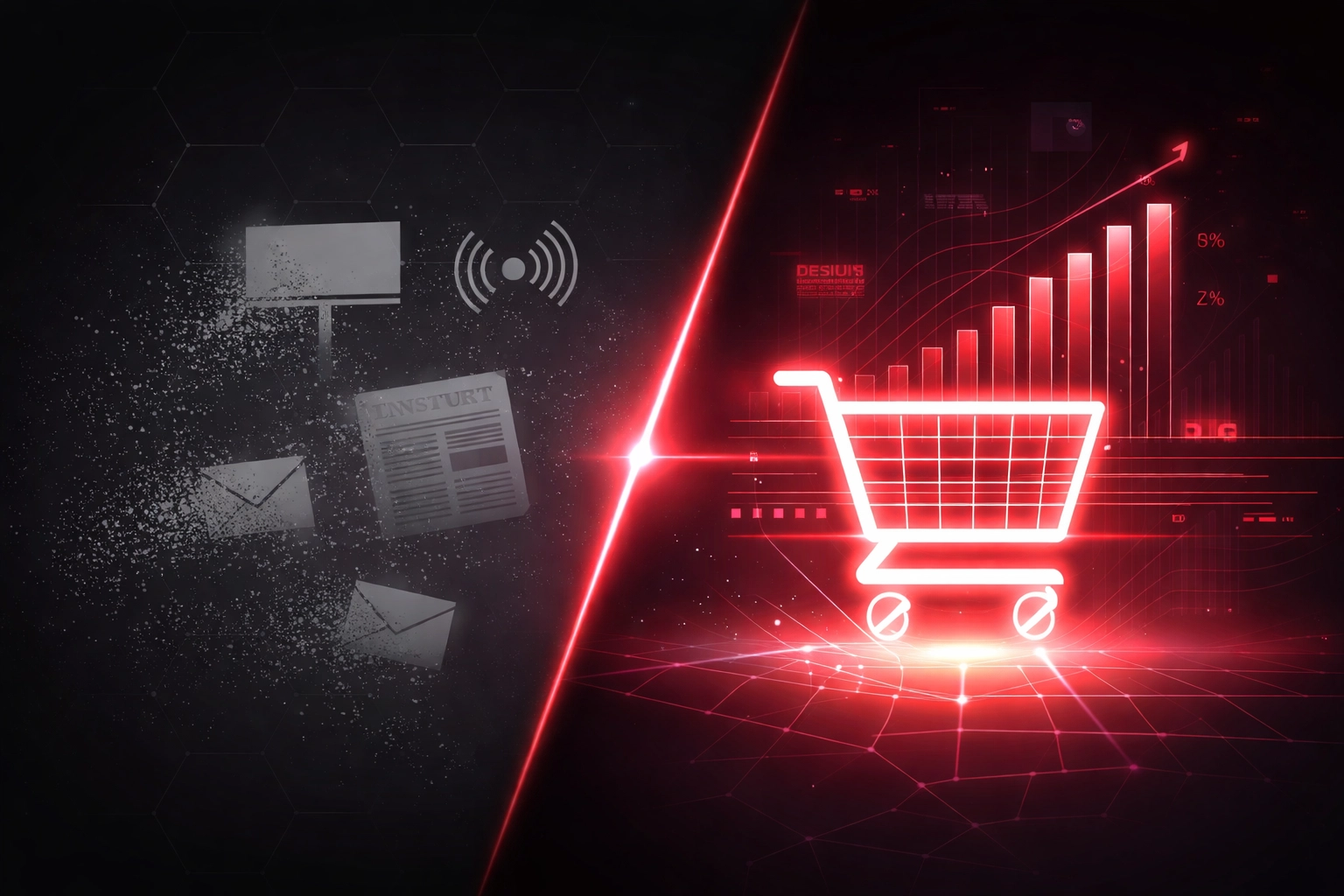 Contrasting digital art of traditional marketing dissolving into modern video commerce, showing the evolution in business strategies