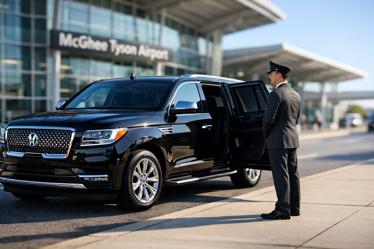 Professional chauffeur with luxury SUV providing knoxville airport transportation at McGhee Tyson Airport.