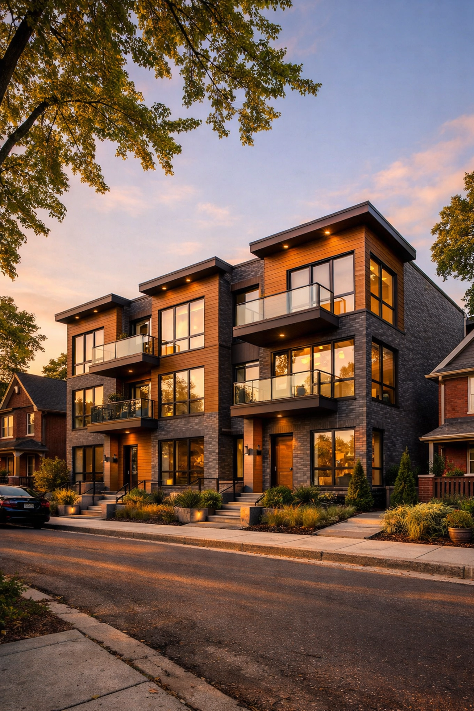 Modern 4-plex conversion on an Ontario residential street showing missing middle densification.