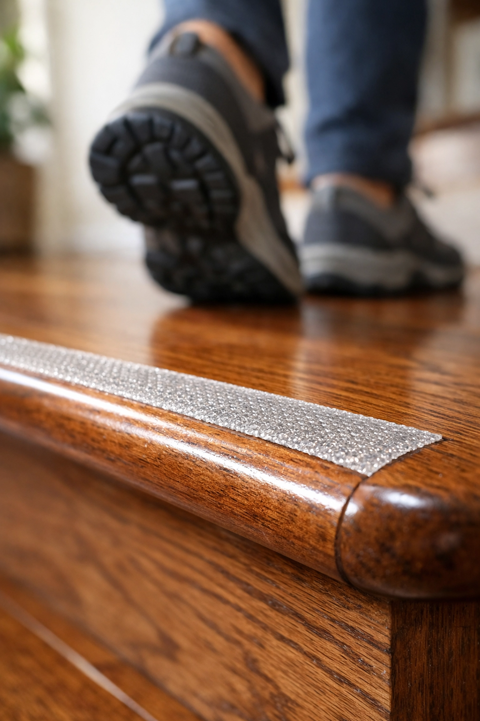 Transparent anti-slip adhesive tape applied to a wooden stair tread for better grip and fall prevention.