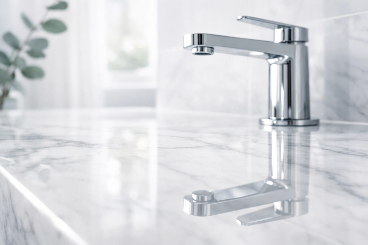 Spotless white marble bathroom countertop showing the benefits of regular bi-weekly house cleaning.