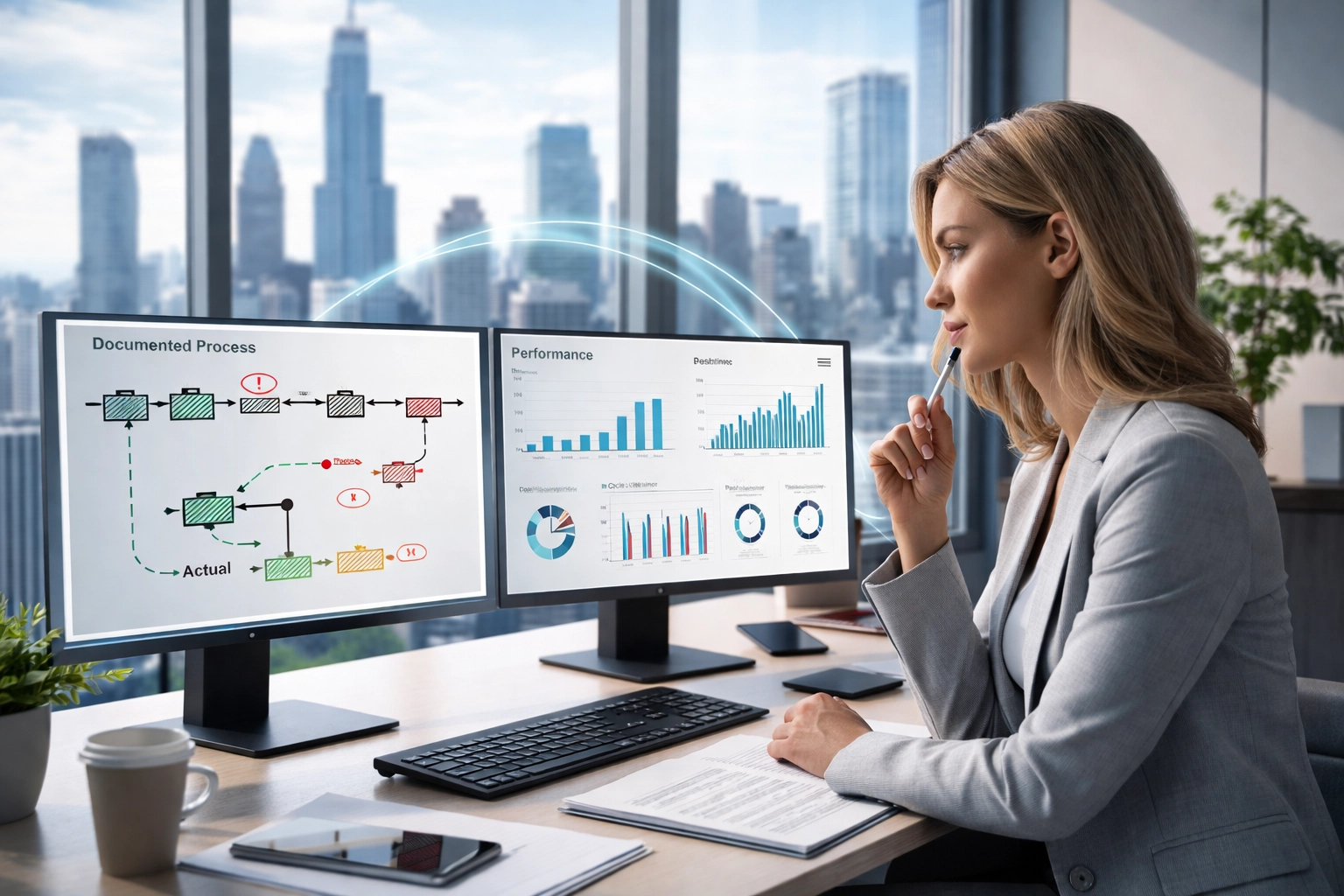 Operations manager analyzing process inefficiencies at a Chicago office desk with dashboard analytics, highlighting the gap between documented and real workflows.