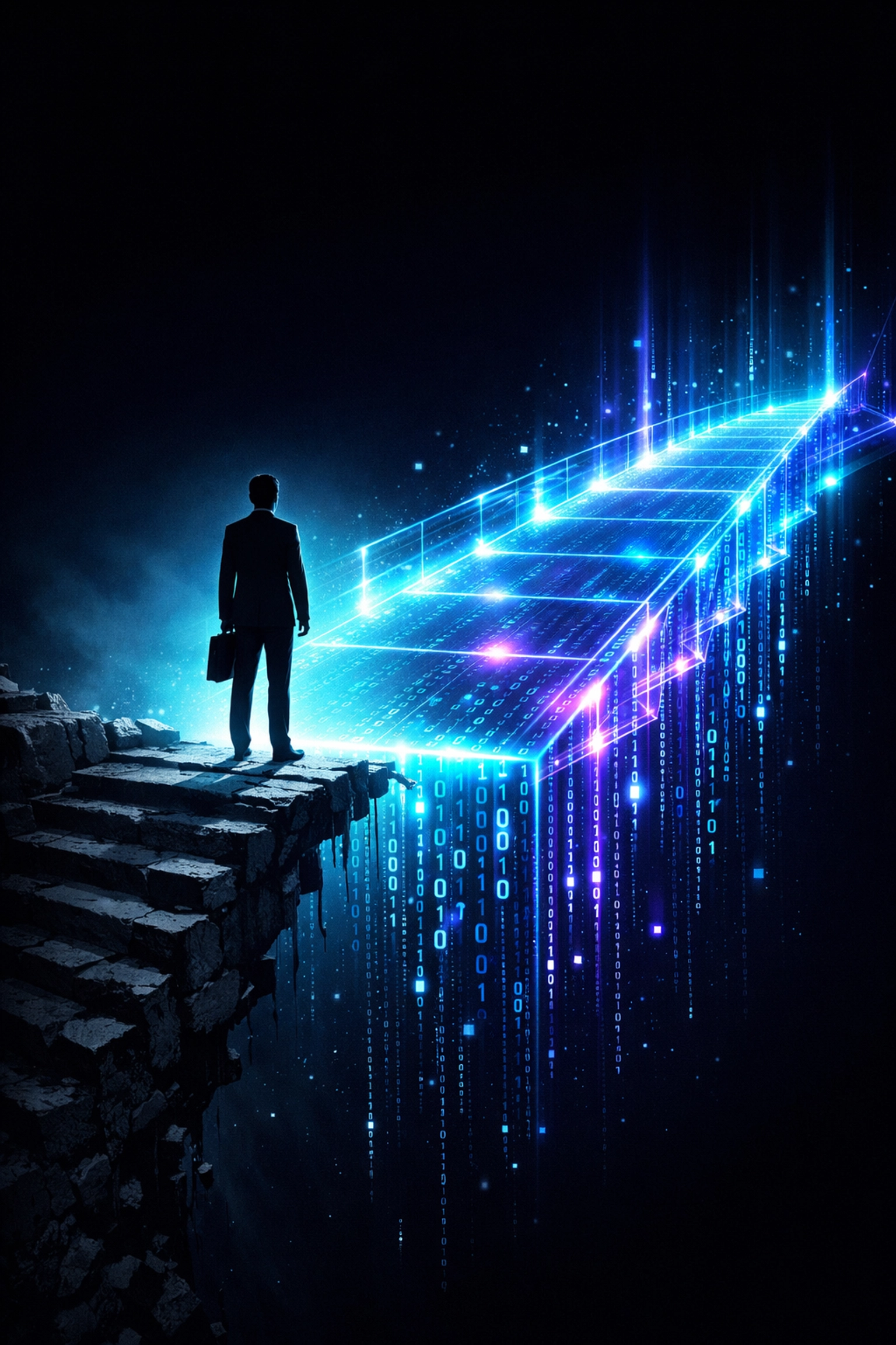 Professional crossing a digital bridge to close the campus-to-career gap with intelligent automation solutions.