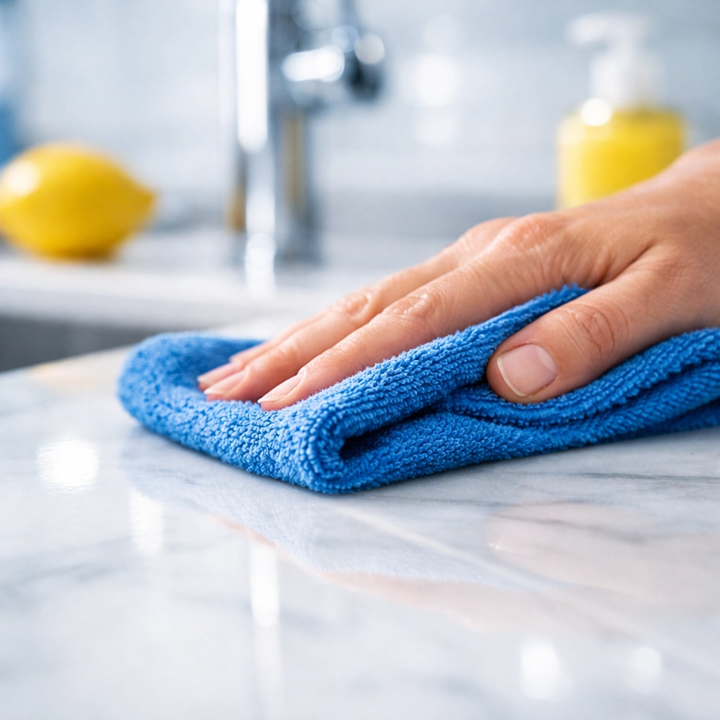 Professional house cleaning in Holden, MA: A specialist wipes a marble kitchen counter to remove allergens.