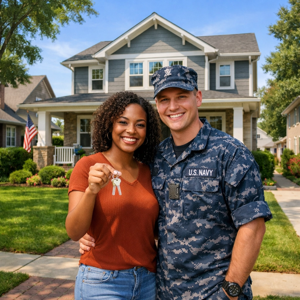 Military couple with house keys in front of Newport News home