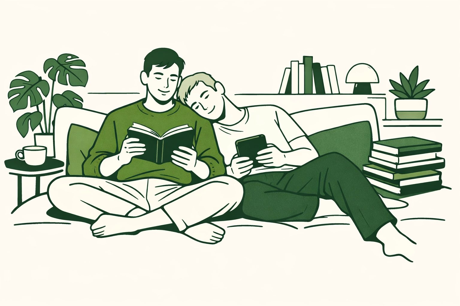 A gay couple reading popular gay books together on a sofa, highlighting the power of queer community and shared stories.