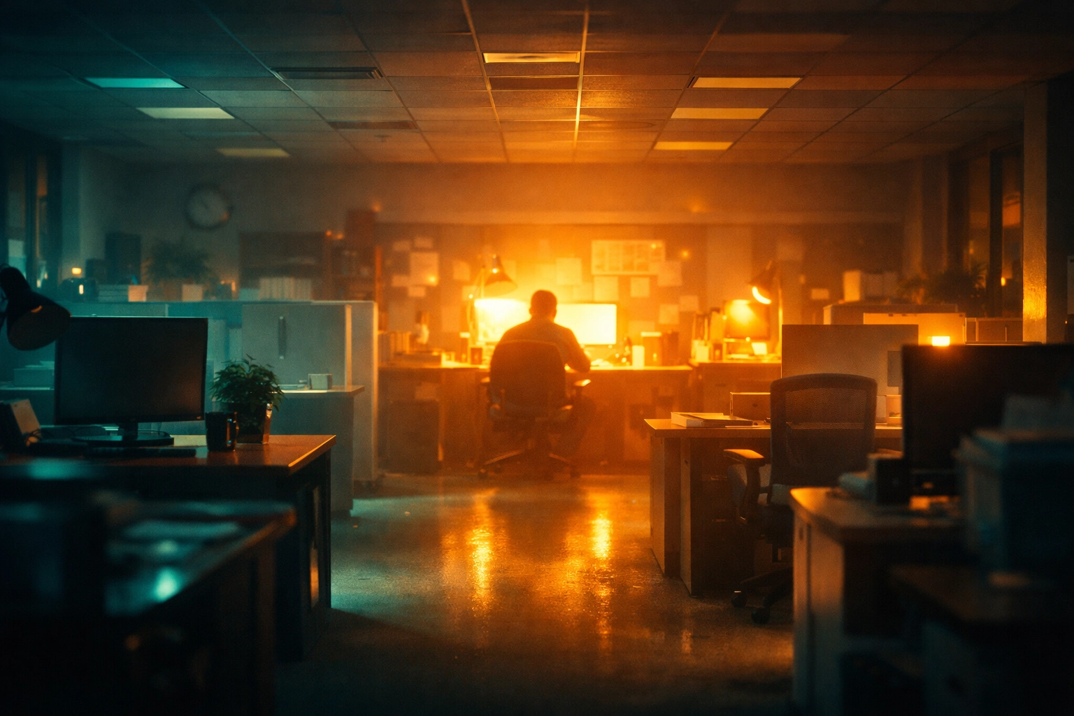 A night shift worker at a glowing desk, illustrating how sanctification applies to everyday work.