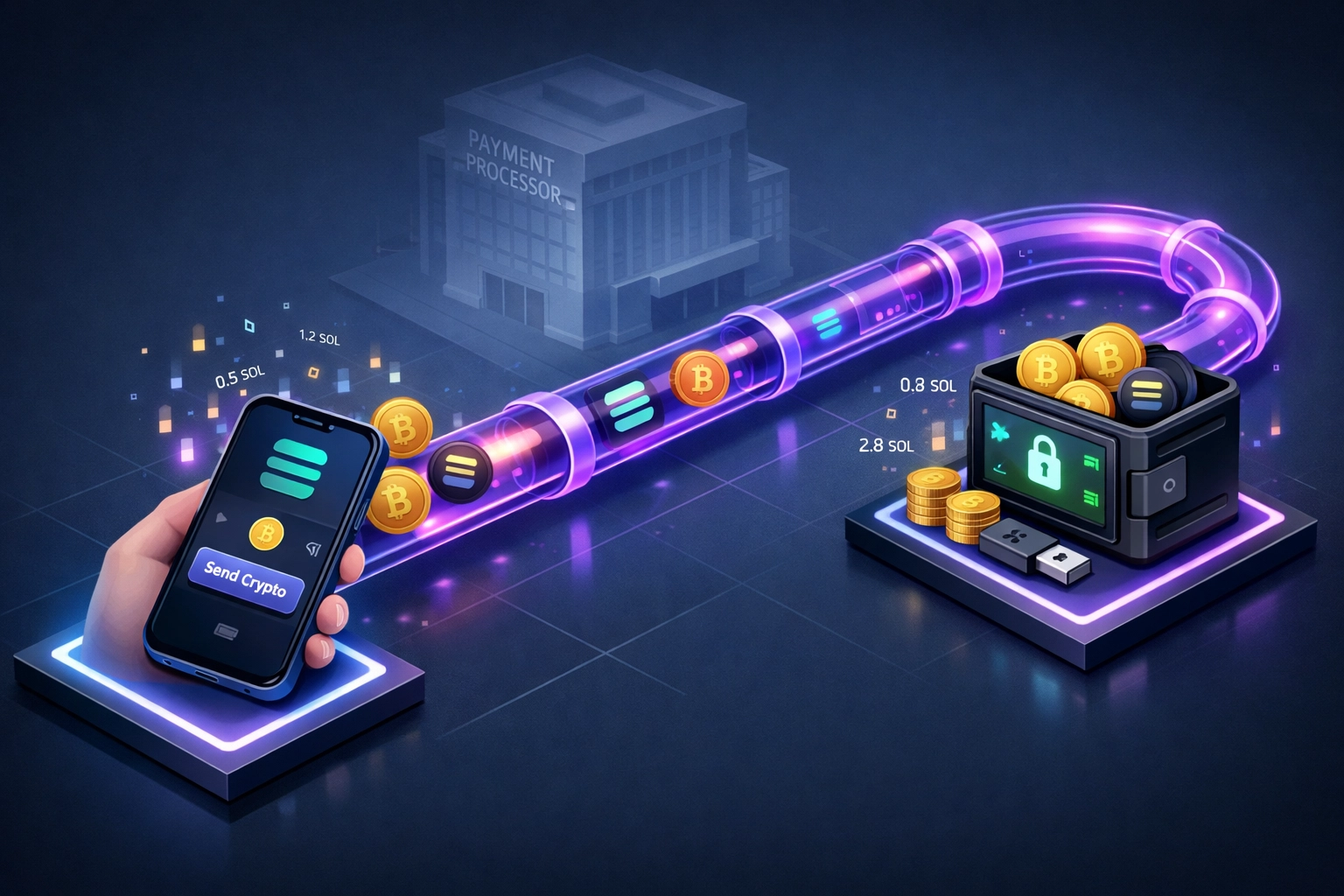 Self-custody crypto payment flow bypassing intermediaries directly to merchant wallet