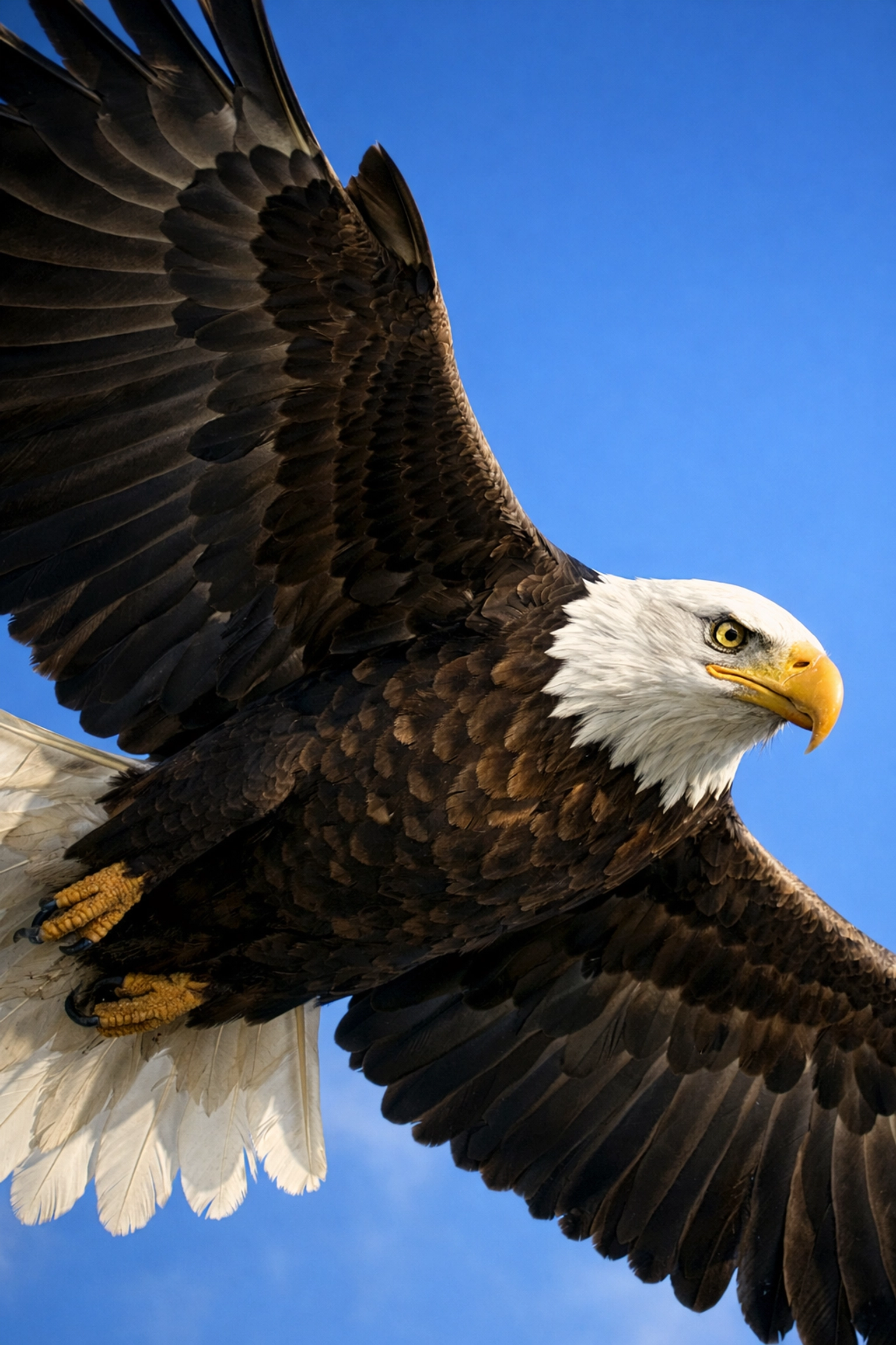Bald eagle in flight with wings extended - bird wildlife photography stock content