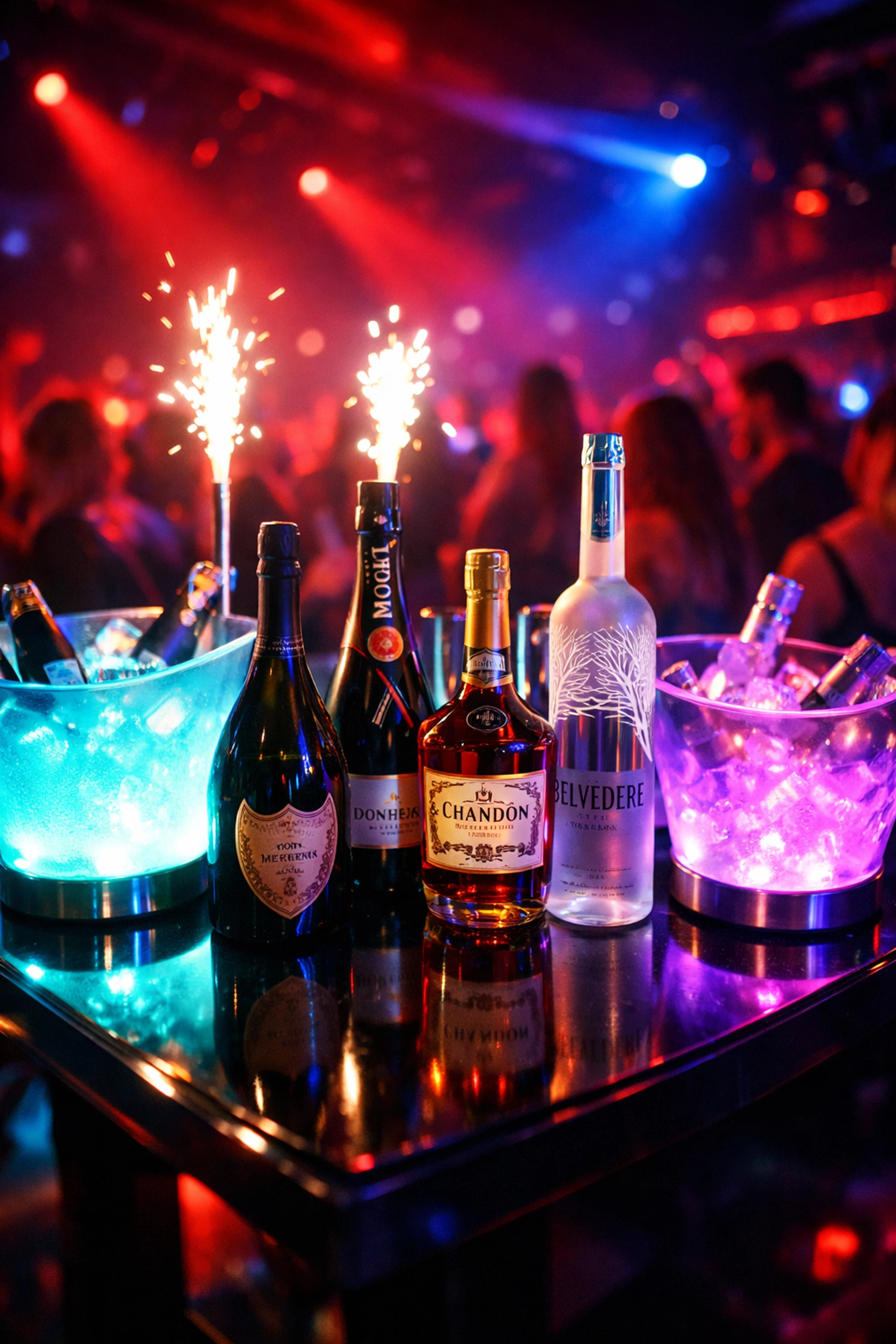 VIP bottle service table setup at Ibiza nightclub with champagne and sparklers