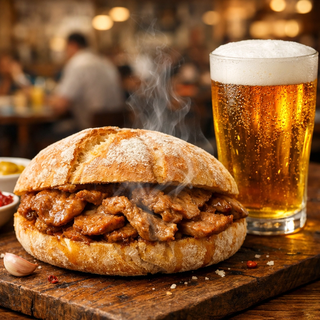 Bifana pork sandwich with imperial beer, classic best cheap eats in Lisbon for budget travelers