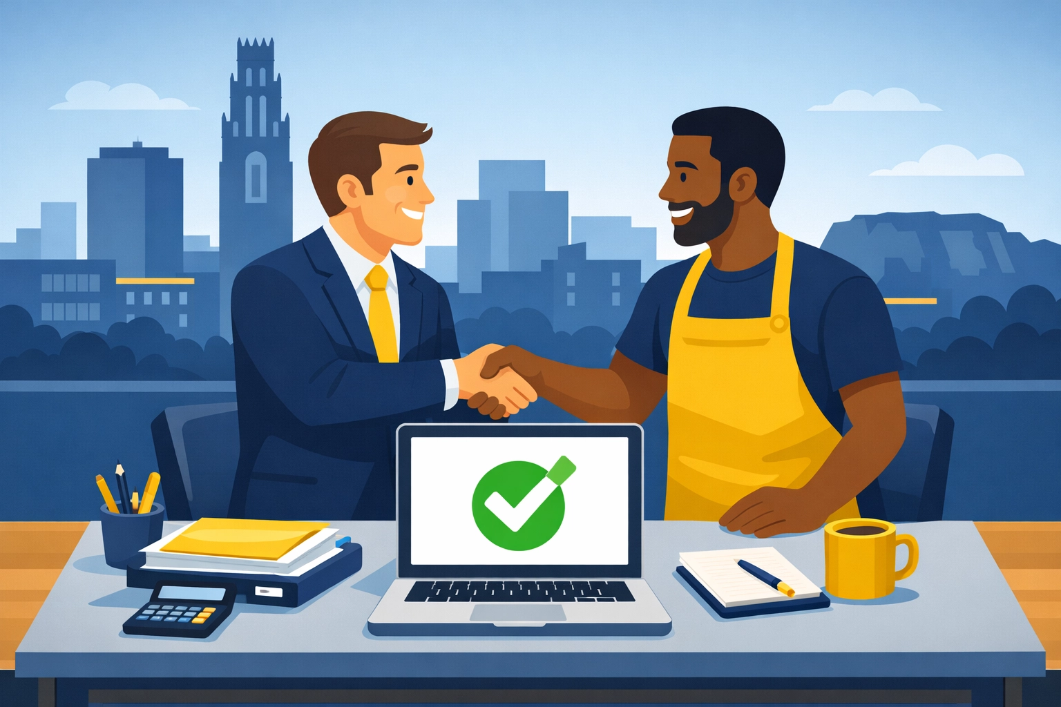 New Haven tax professional shaking hands with a small business owner to confirm successful tax filing before April 15th.