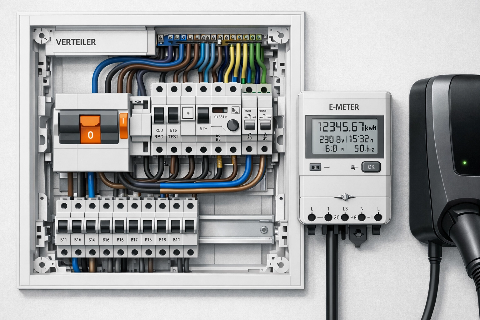 Elektrischer Verteilerkasten und Wallbox zur effizienten Nutzung von PV-Strom in Wien.
