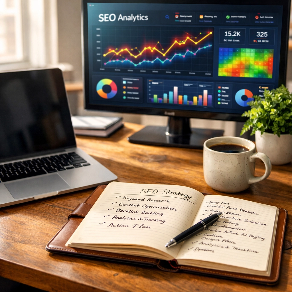 Professional marketing workspace featuring an SEO dashboard and strategy notes for AI search optimization.