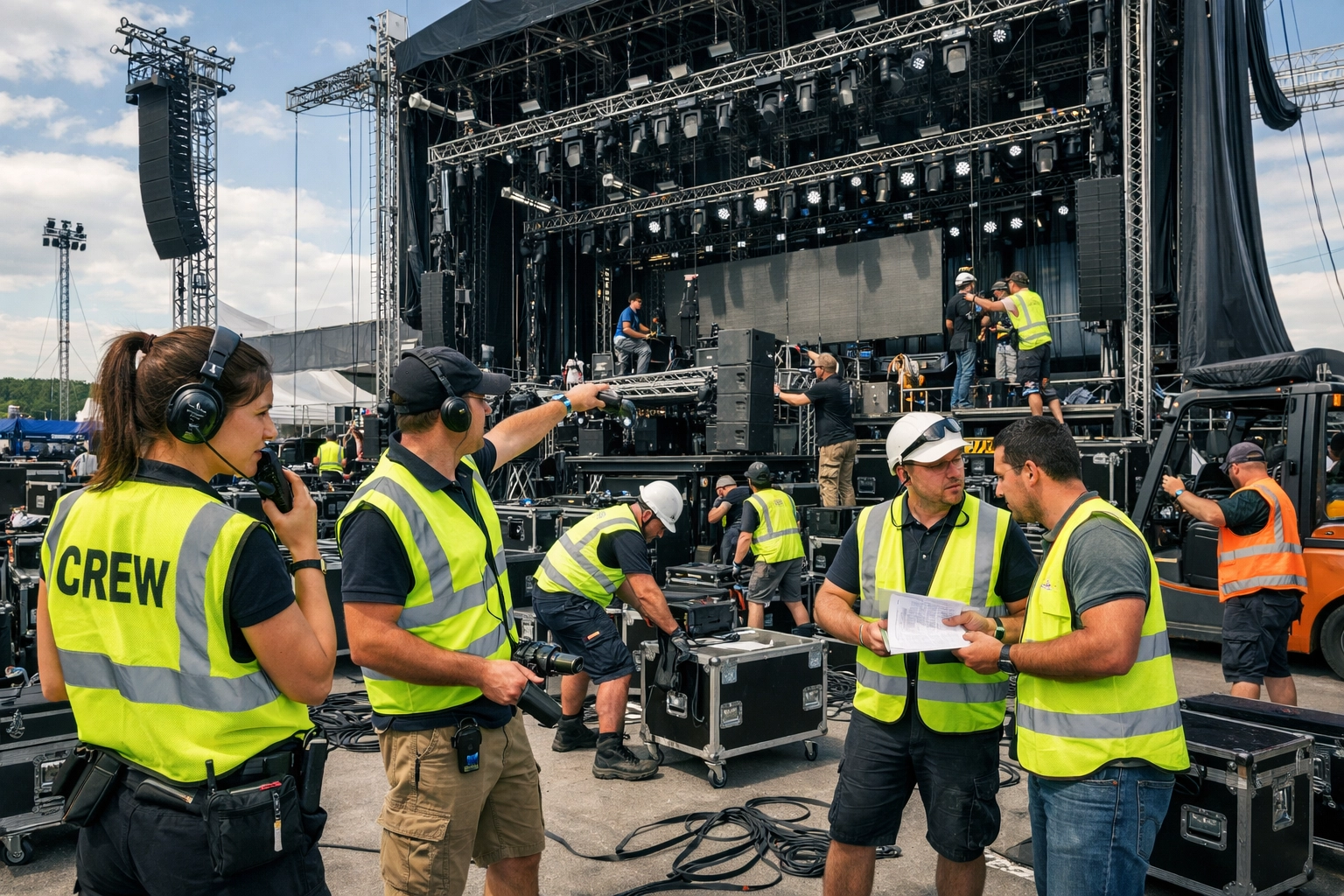 Temporary event staff coordinating large-scale outdoor festival setup with staging and equipment