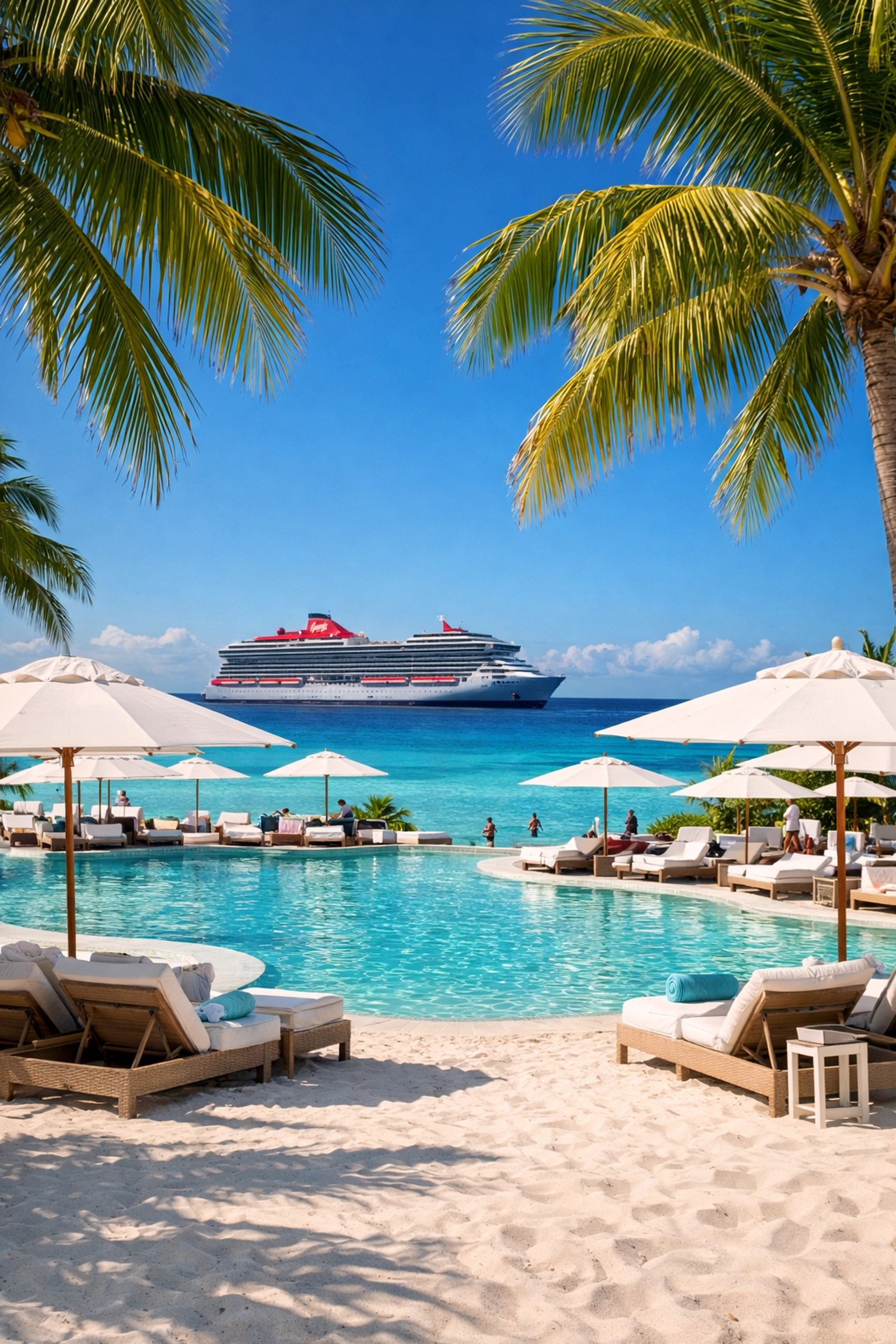 The Virgin Voyages Beach Club at Bimini in the Bahamas with a ship anchored in tropical water.