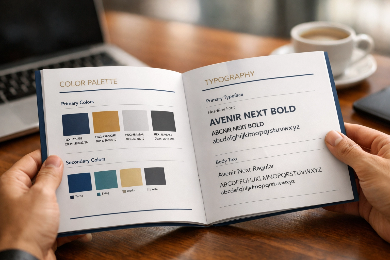 Professional brand guidelines document showing color palettes and typography standards