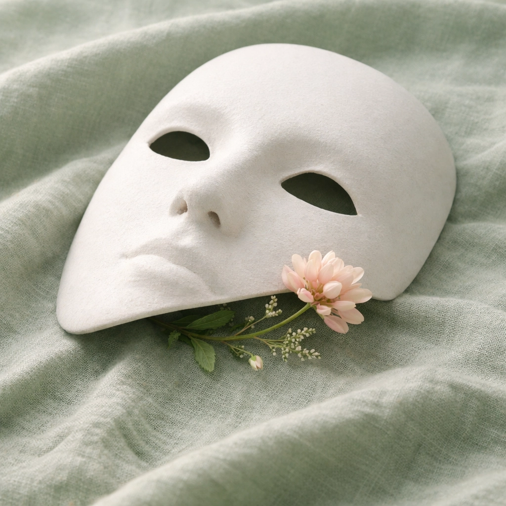 A wildflower blooming from behind a white mask, representing an authentic leader emerging from corporate constraints.