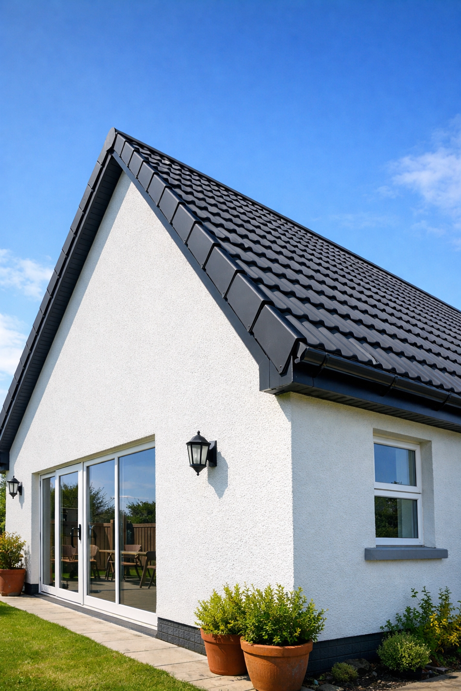 A perfectly straight dry verge system protecting the gable edge of a modern house in Northern Ireland.