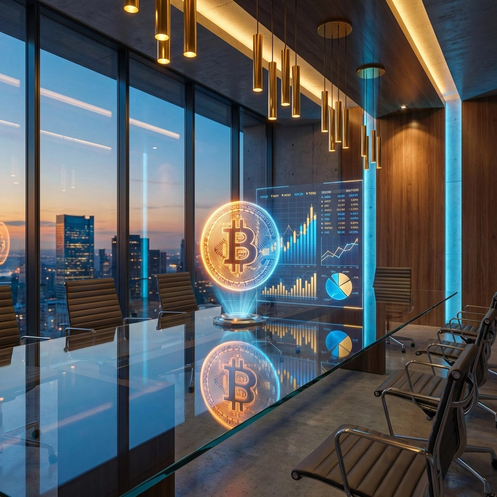 Institutional boardroom with Bitcoin logo merged into financial charts, symbolizing Bitcoin portfolio integration for institutions