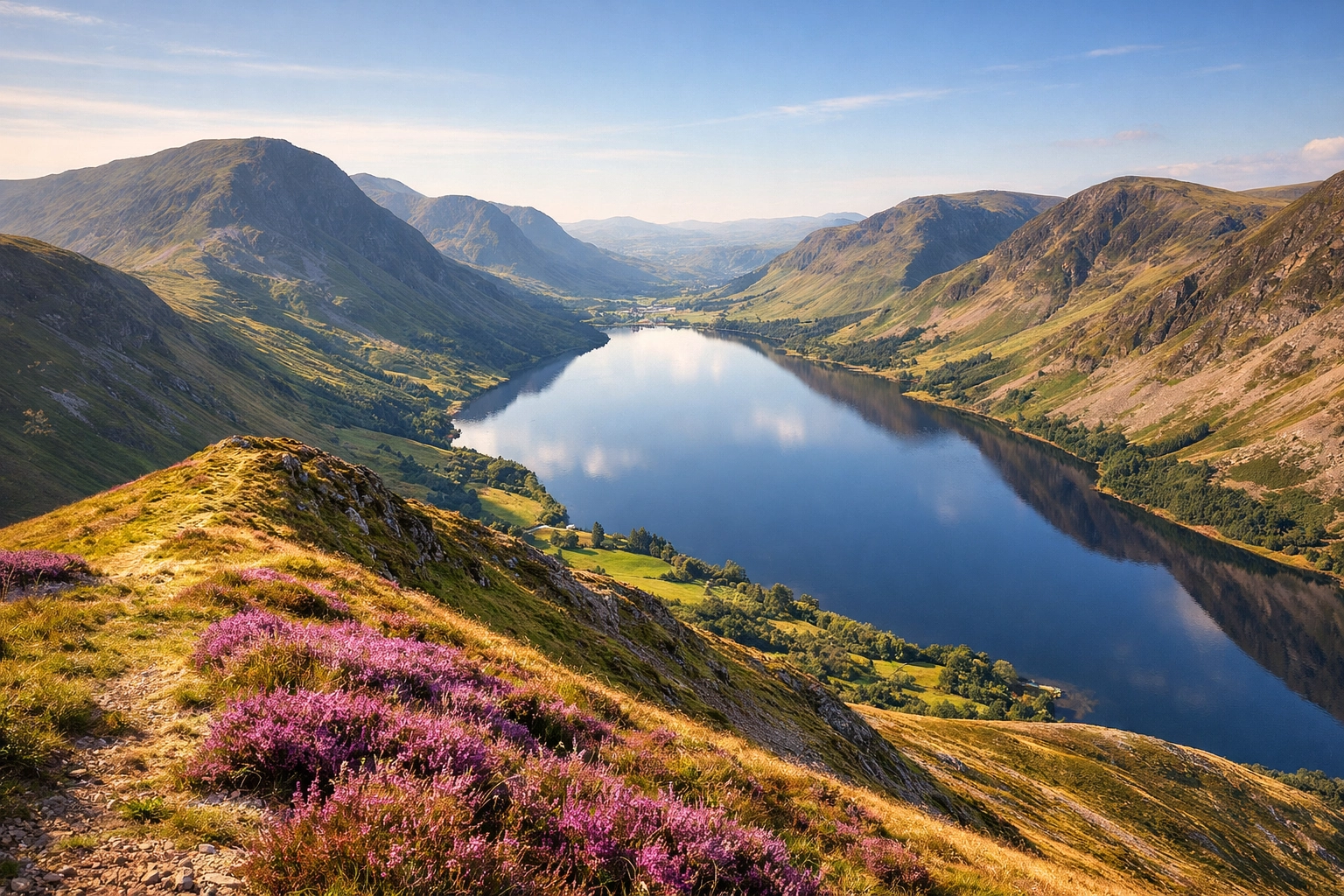 Breathtaking view of the Lake District fells and a shimmering lake during a guided walking tour in the UK.