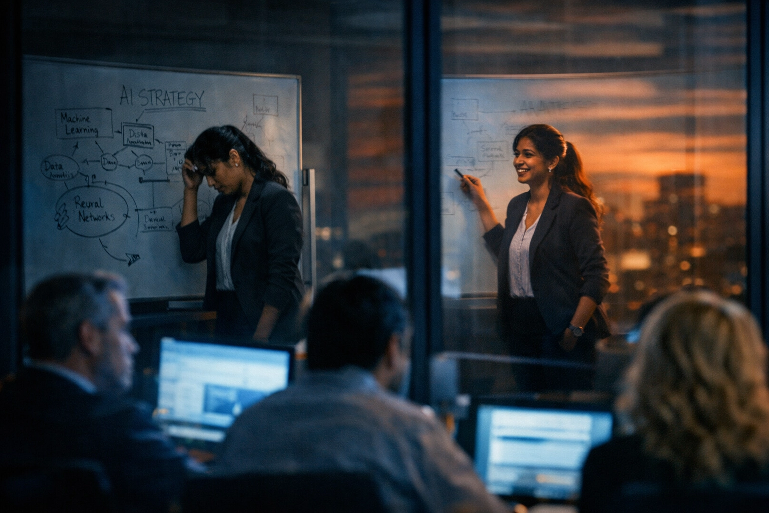 Exhausted executive working late on AI strategy showing hidden cost of tech-first transformation