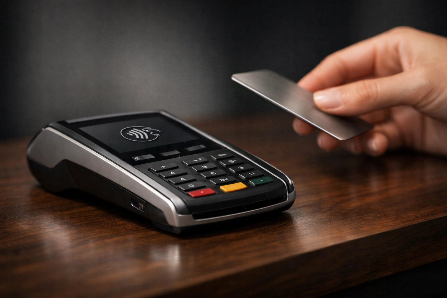 Secure contactless payment terminal in a hotel for seamless and safe direct booking transactions.