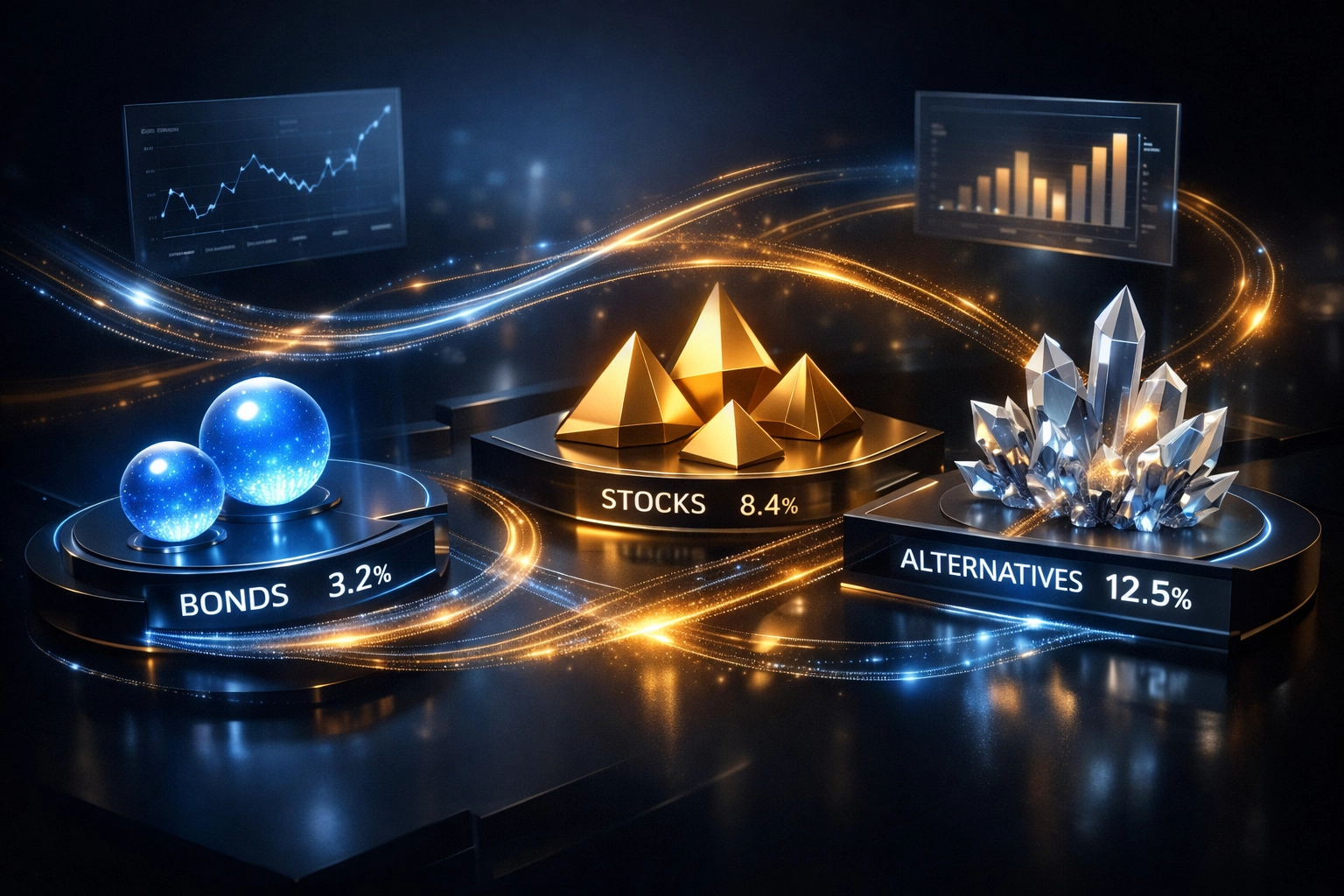 Interconnected asset classes visualization showing bonds, stocks, and alternative investments for portfolio diversification