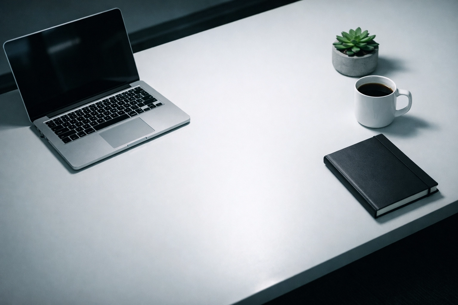 Empty office desk of closeted gay professional with no personal photos or partner mementos