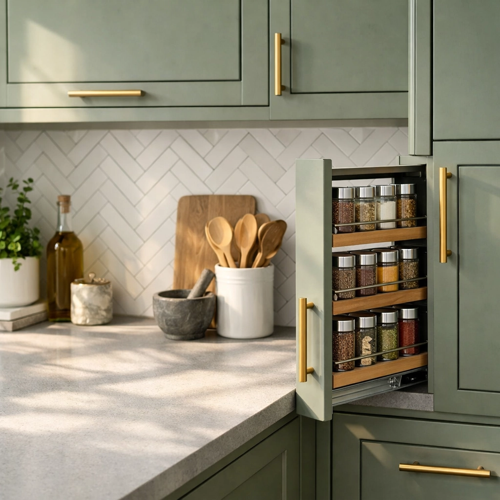 Modern kitchen remodeling in Orlando featuring sage green custom cabinetry and a white herringbone tile backsplash.