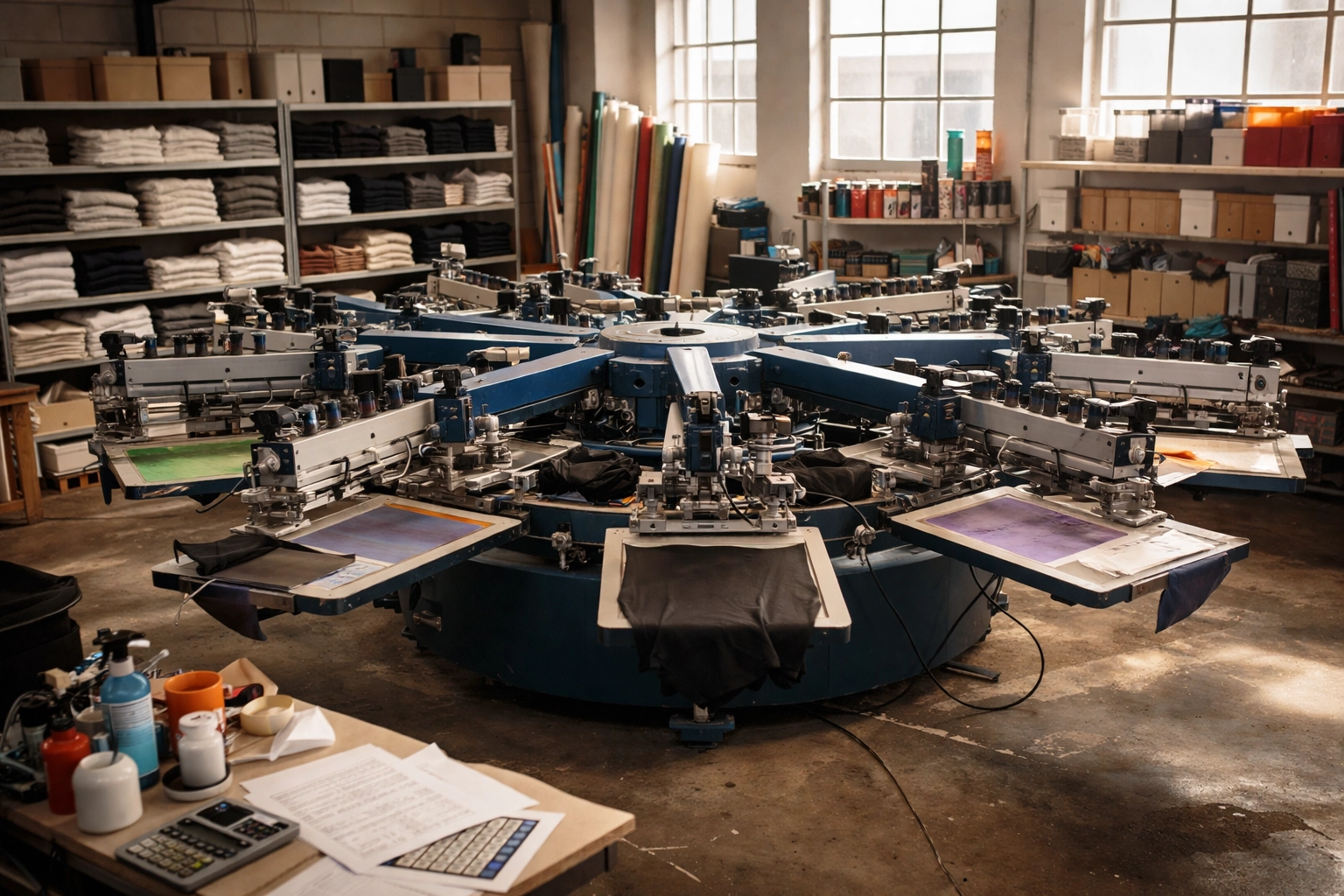 Screen printing shop interior with a large carousel machine, blank shirts, and financial paperwork, illustrating the limits of QuickBooks for growing businesses.-Screen Printing Financial Advisory: QuickBooks Isn’t Enough