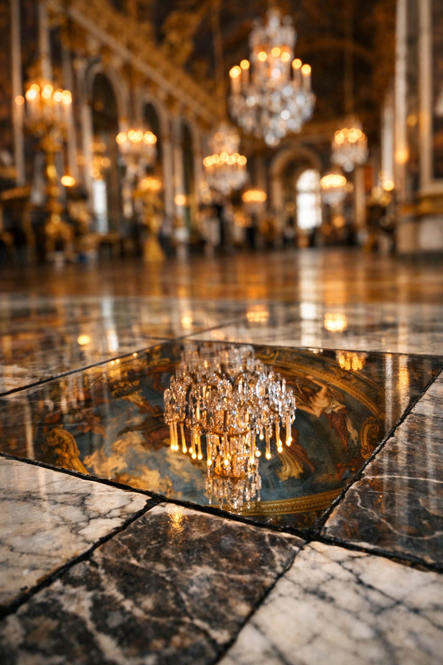 Chandelier reflection on polished marble, showcasing unique photo spots inside the Palace of Versailles.