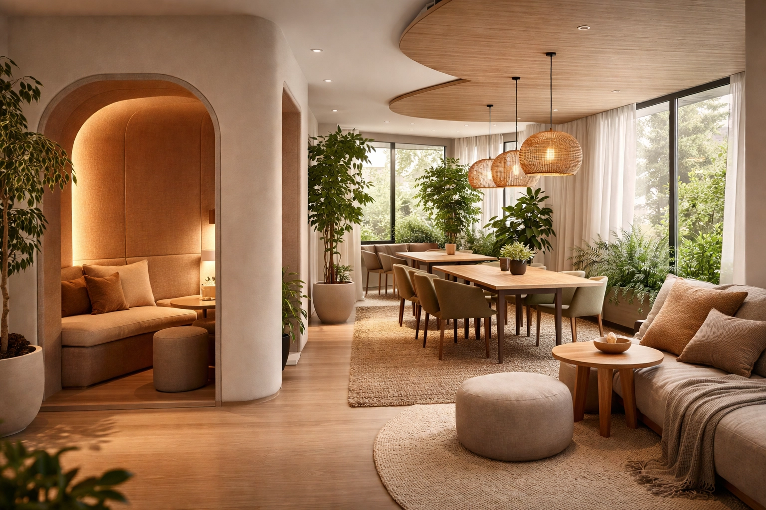 Modern sensory-smart office with acoustic pod, collaborative area, and nature-inspired relaxation corner.