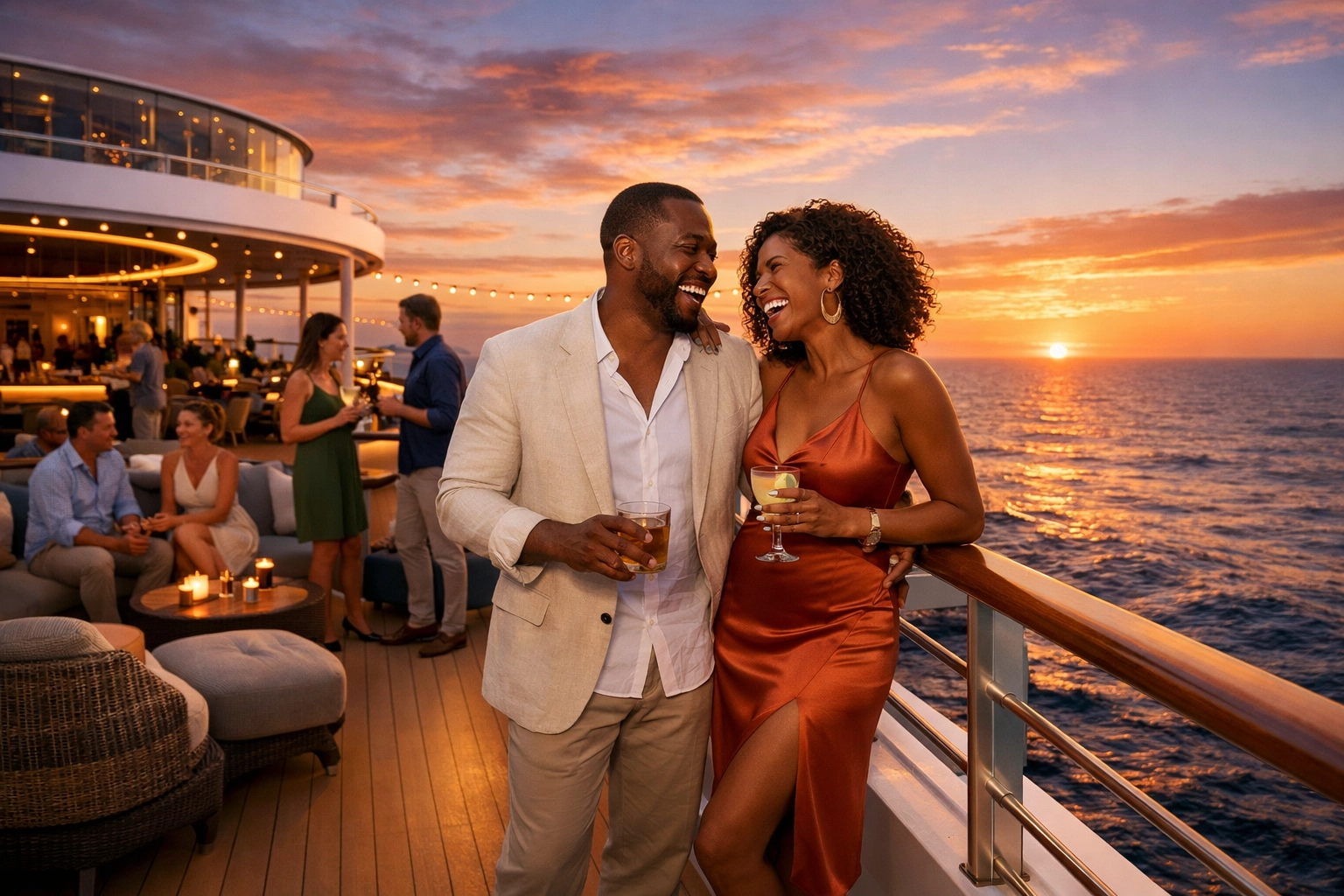 Adults-only cruise ship deck at sunset with couples socializing in elegant outdoor lounge area